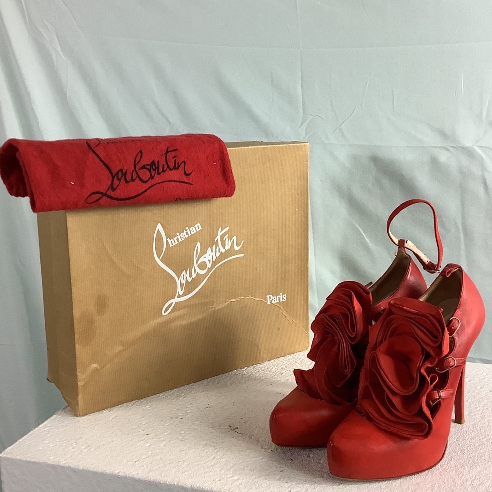 Christian Louboutin Red Leather Ruffle Floral Platform Pumps Stiletto Heels 39